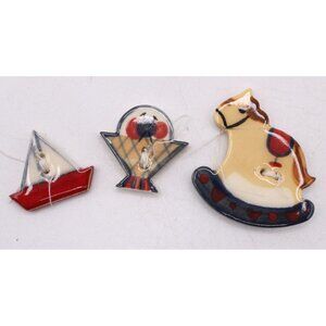 Vintage Ceramic Novelty Buttons Set Of 3 Rocking Horse Sailboat Basket Handmade